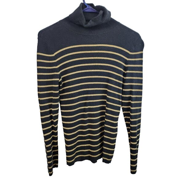 Lauren Ralph Lauren Womens Turtleneck Sweater Medium Black Gold Metallic Striped - Picture 1 of 7